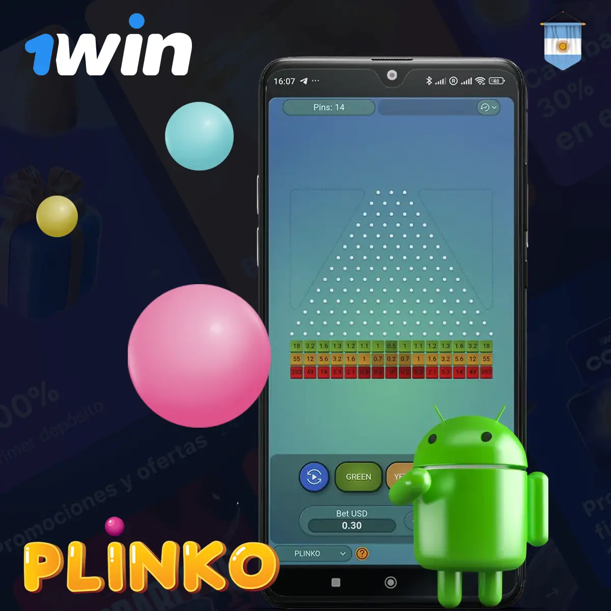 Descarga la aplicación 1Win en Android para jugar a Plinko